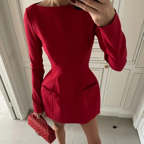 NWT Helsa Parasol Ribbon Bow Long Sleeve Mini Dress Lipstick Red - Picture 3 of 14